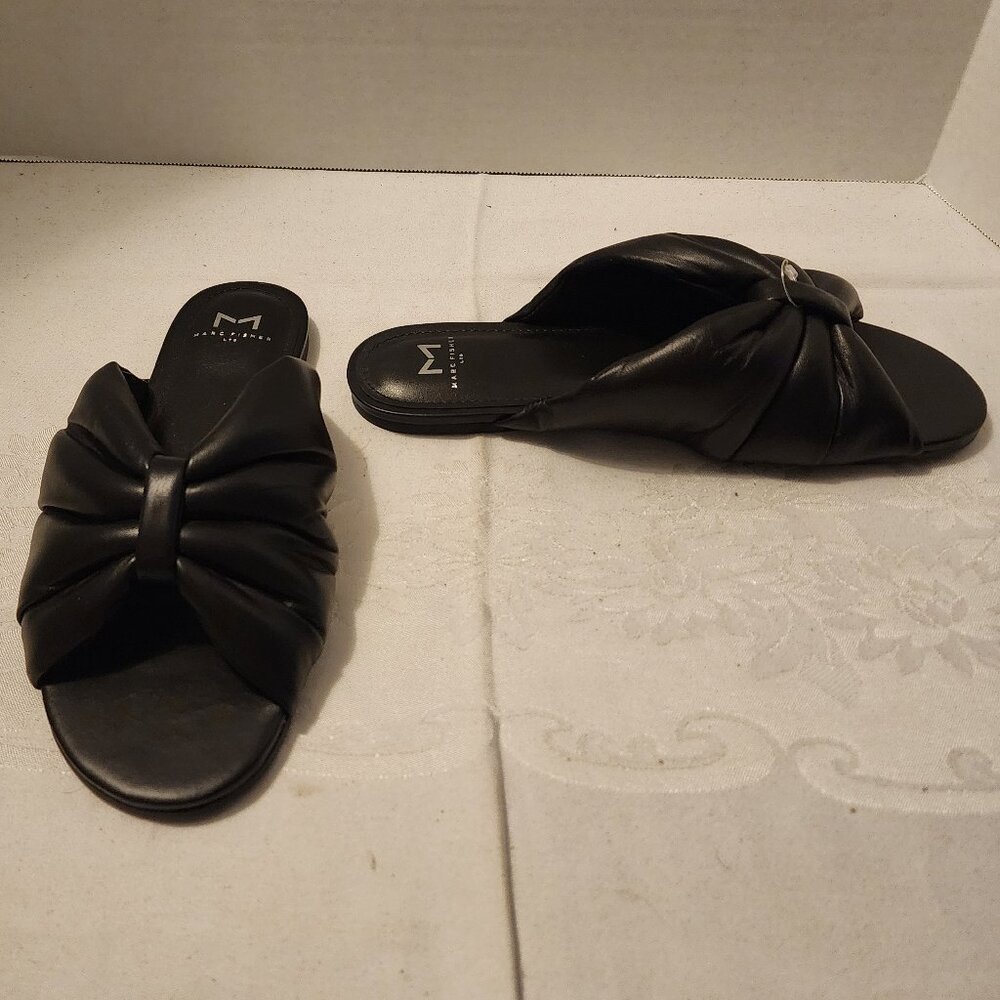 Sz 8 Marc Fisher Ltd. Black Leather Slide Sandals Gathered Top Like New! Unworn!